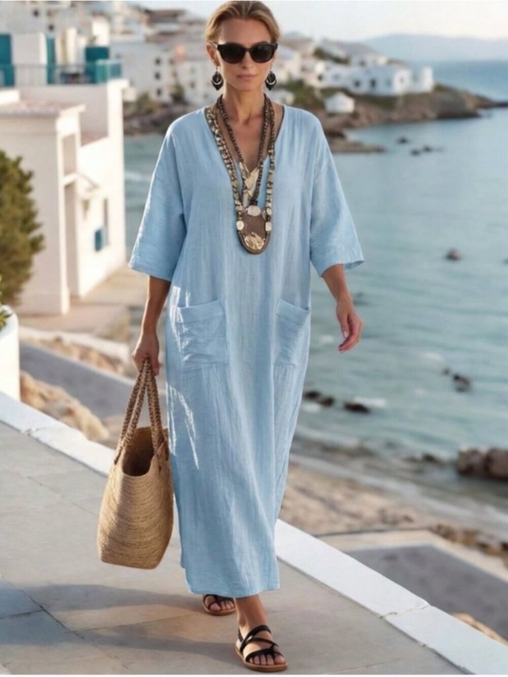 Light Blue Viscose Blend Maxi Dress V-Neck Half Sleeve Kaftan with Pockets
